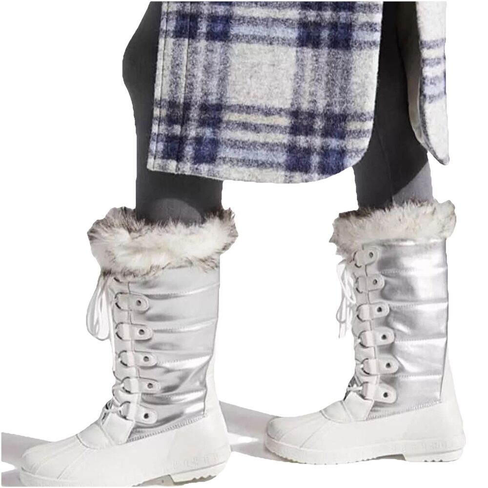 Y2K NIB Womens Silver Christene Faux Fur-Cuff Lace-Up boots - size 7.5